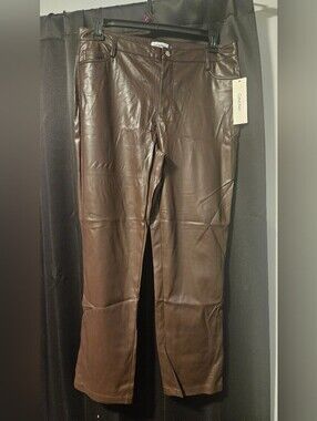 Calvin Klein Dark Brown Faux Leather Straight-Leg Pants